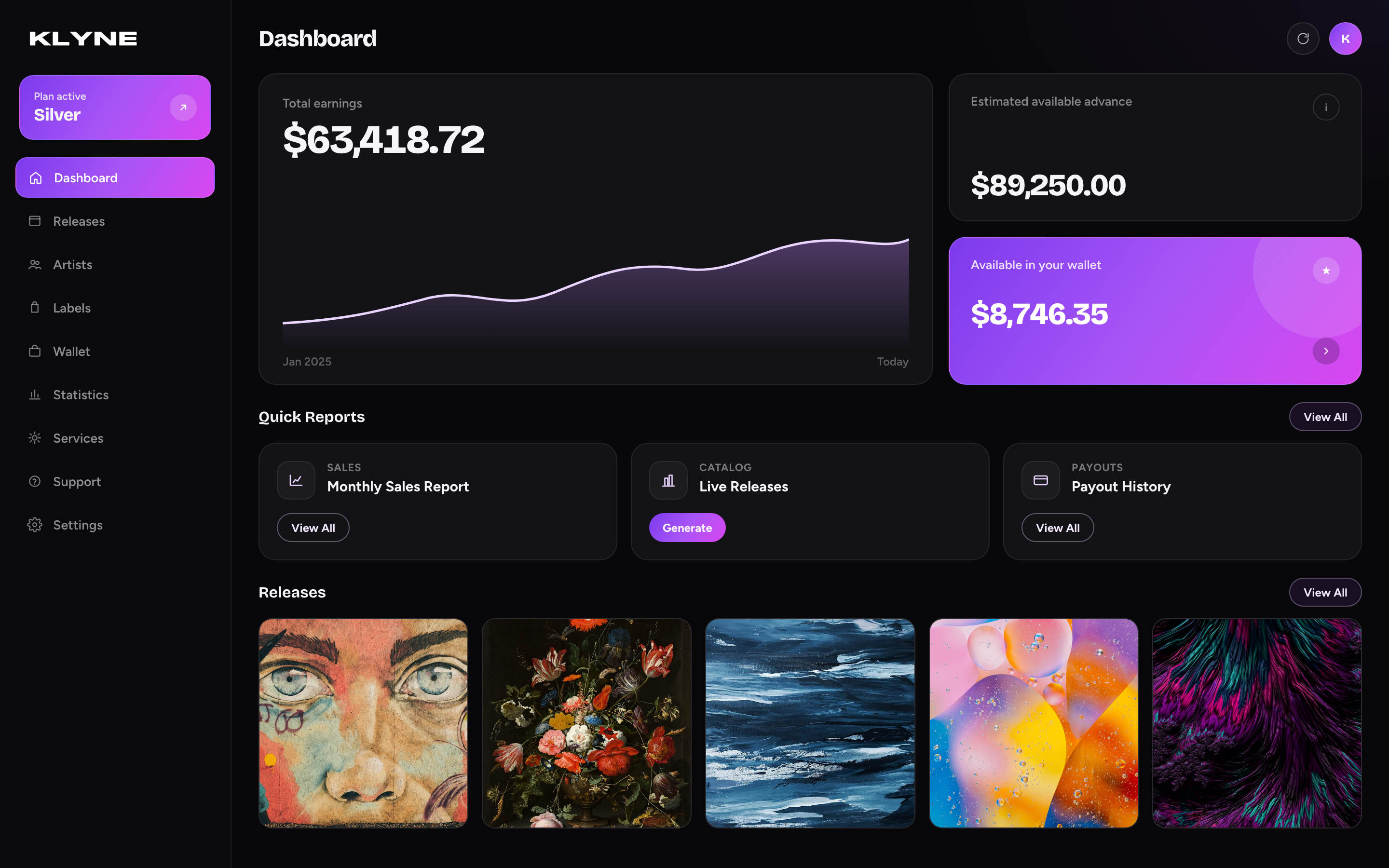 KLYNE dashboard with earnings, wallet, reports, and releases