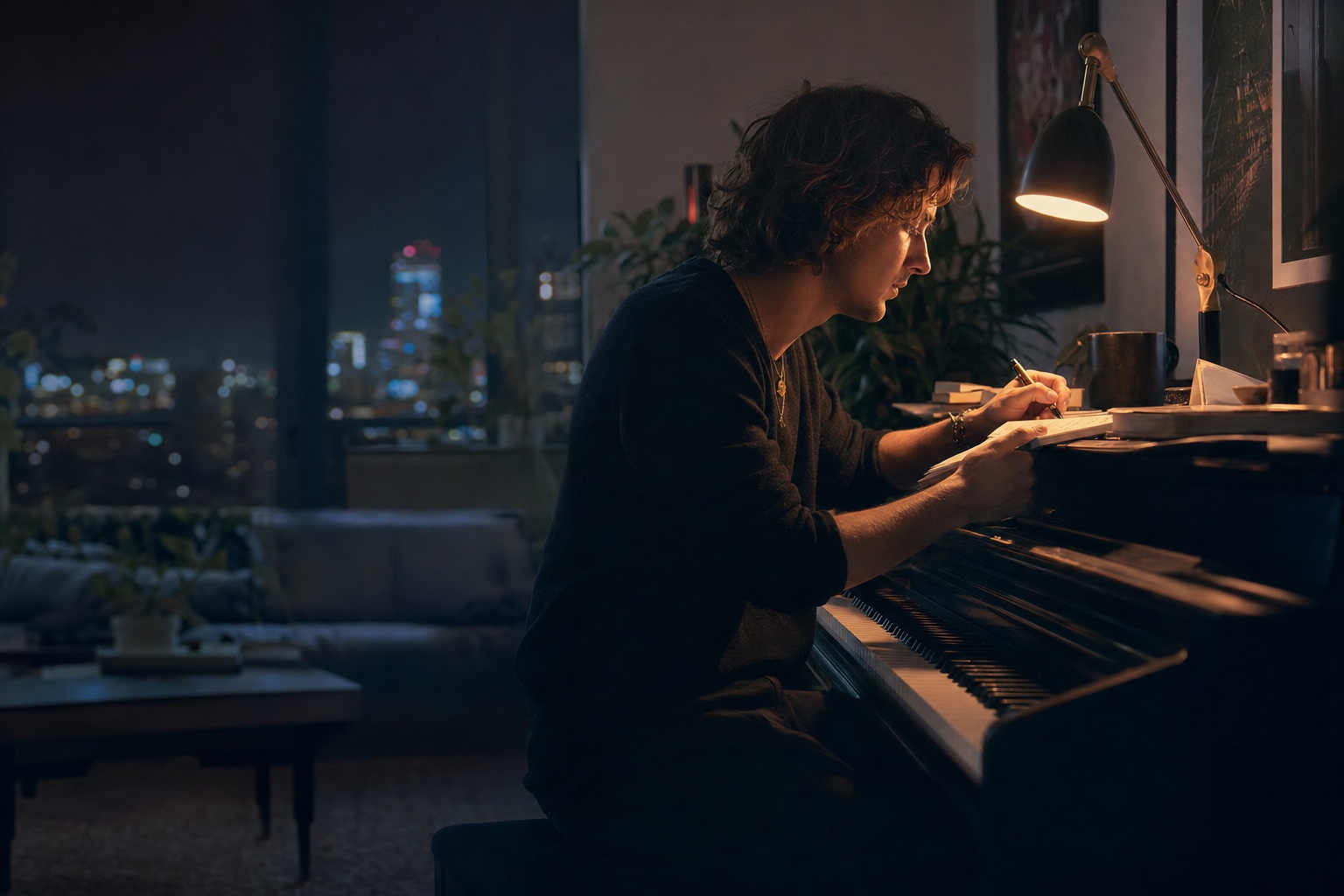 Songwriter writing at the piano